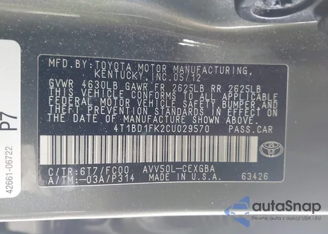 2012 Toyota Camry Hybrid Xle из США, поврежденный, VIN 4T1BD1FK2CU029570